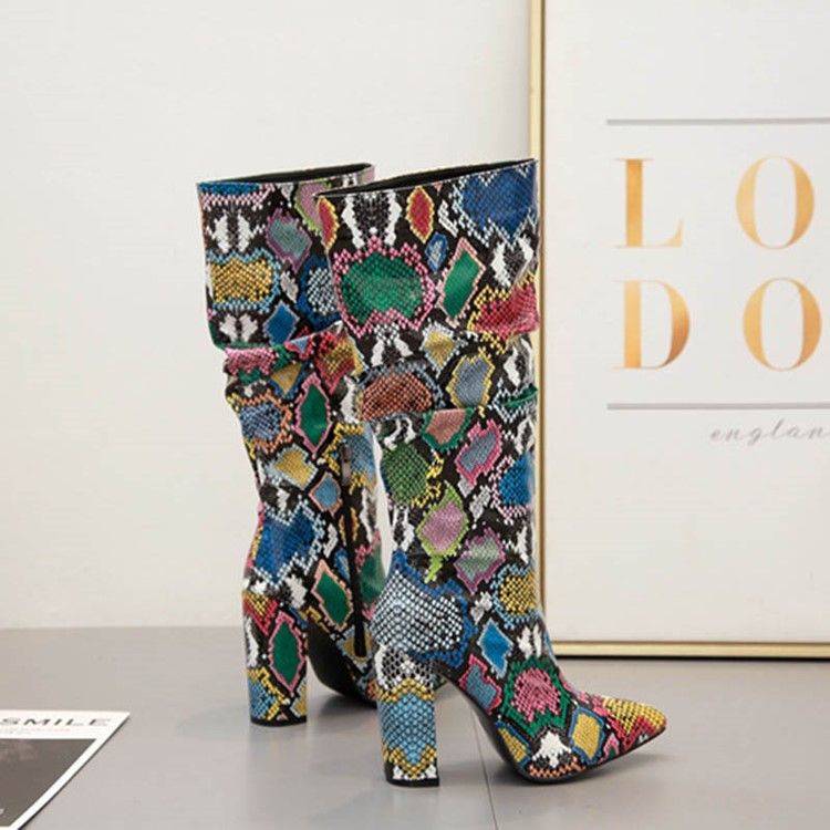 Botas Altas De Joelho Serpentina Com Zíper Lateral Feminino