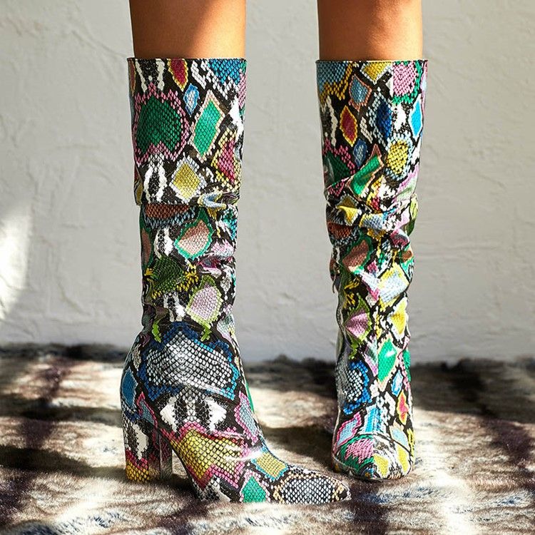 Botas Altas De Joelho Serpentina Com Zíper Lateral Feminino