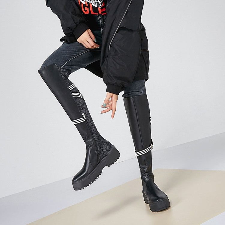 Botas De Cano Altas Com Zíper Lateral Do Dedo Do Pé Redondo Personalizado Feminino