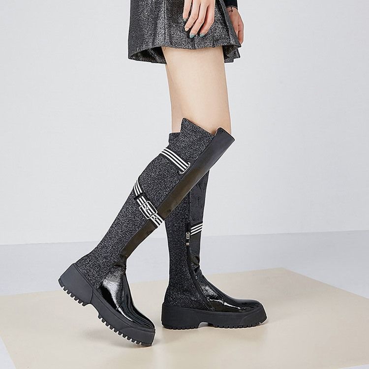 Botas De Cano Altas Com Zíper Lateral Do Dedo Do Pé Redondo Personalizado Feminino