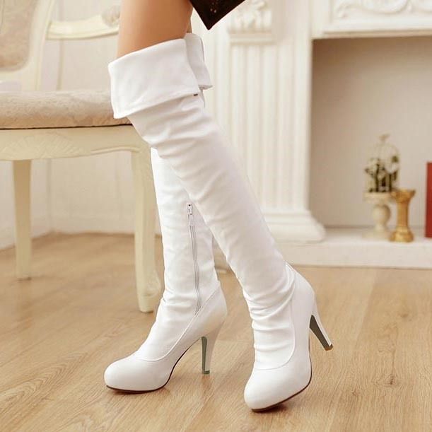 Botas De Cano Altas Femininas Elegantes De Cor Sólida