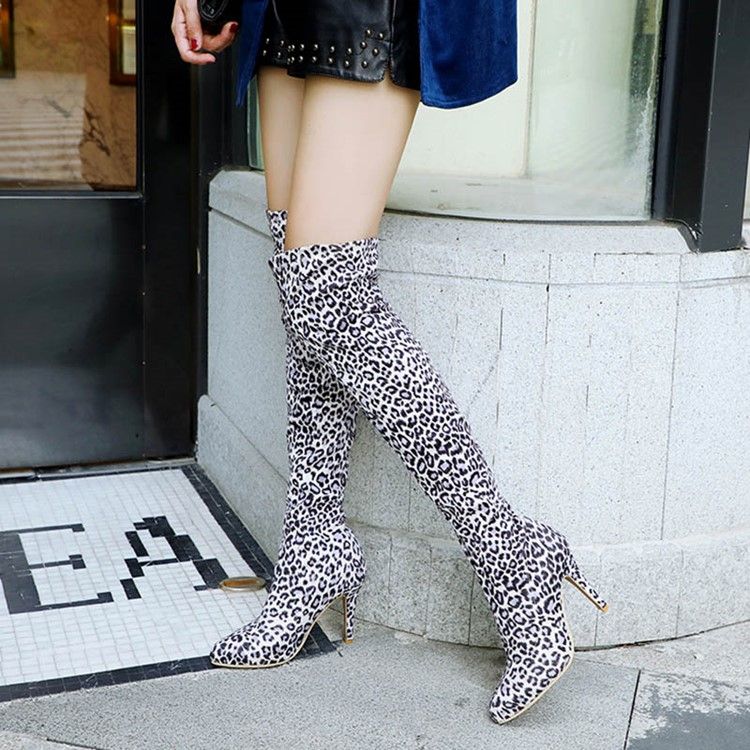 Botas De Cano Alto Femininas Com Salto Agulha E Salto Agulha Estampado Leopardo