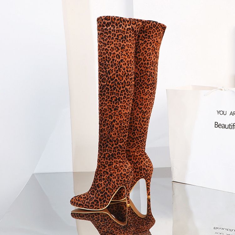 Botas De Cano Alto Femininas Com Salto Agulha E Salto Agulha Estampado Leopardo