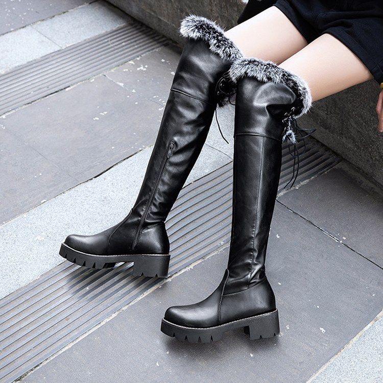 Botas De Cano Alto Para Neve Femininas Com Zíper Lateral Liso Redondo Dedo Do Pé Redondo