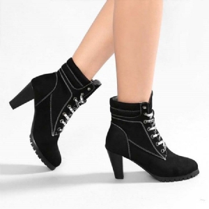 Botas Casuais Femininas Com Biqueira Redonda Lisa De Renda Na Frente