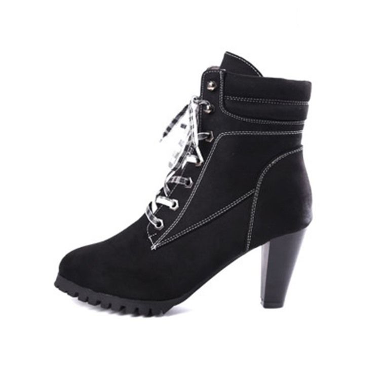 Botas Casuais Femininas Com Biqueira Redonda Lisa De Renda Na Frente