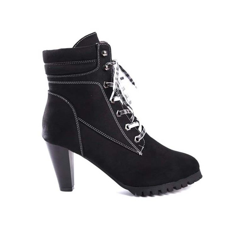 Botas Casuais Femininas Com Biqueira Redonda Lisa De Renda Na Frente