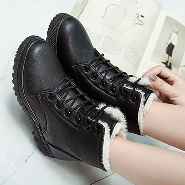 Botas Coreanas Femininas Com Biqueira Redonda Lisa De Renda Na Frente