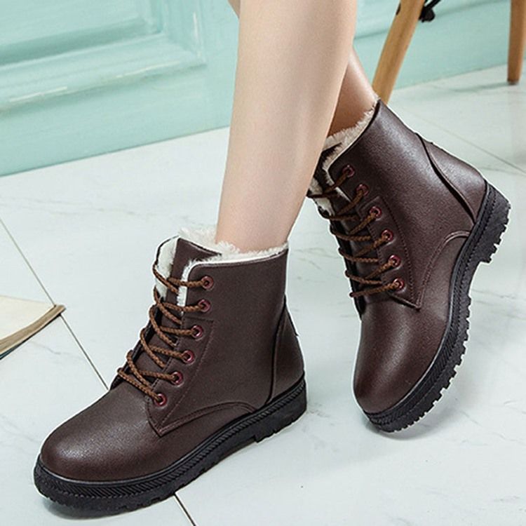 Botas Coreanas Femininas Com Biqueira Redonda Lisa De Renda Na Frente