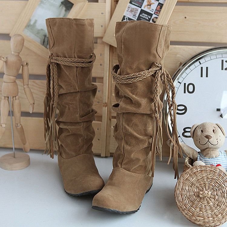 Botas Desleixadas De Cano Alto Com Corda Trançada De Cor Pura Feminina