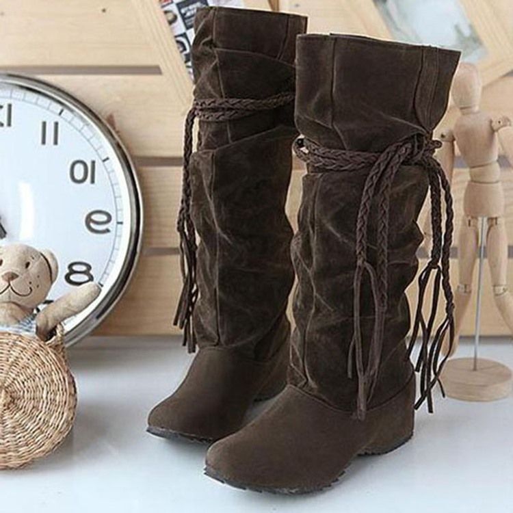 Botas Desleixadas De Cano Alto Com Corda Trançada De Cor Pura Feminina