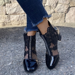 Botas Femininas De Bordado Com Zíper Redondo Com Zíper Redondo