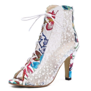 Botas Femininas De Bordar Peep Toe Back Zip Com Salto Grosso