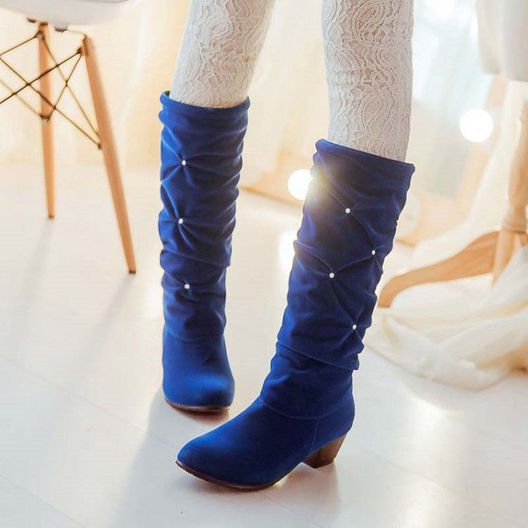 Botas Femininas Com Biqueira Redonda De Strass Deslizante Até A Altura Do Joelho