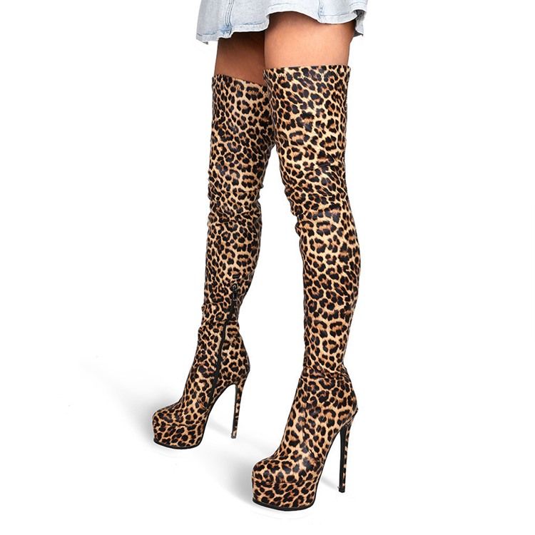 Botas Femininas Com Fio De Zíper Lateral De Leopardo E Salto Agulha