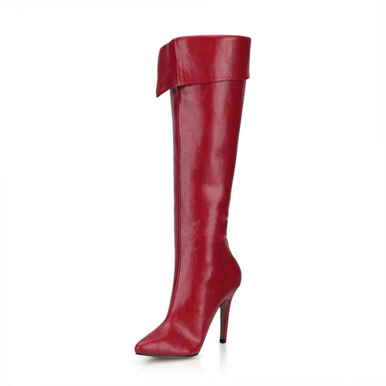 Botas Femininas Com Zíper Lateral De Salto Agulha Ponta Fina