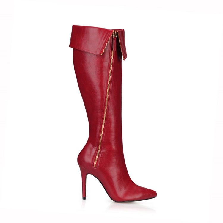 Botas Femininas Com Zíper Lateral De Salto Agulha Ponta Fina