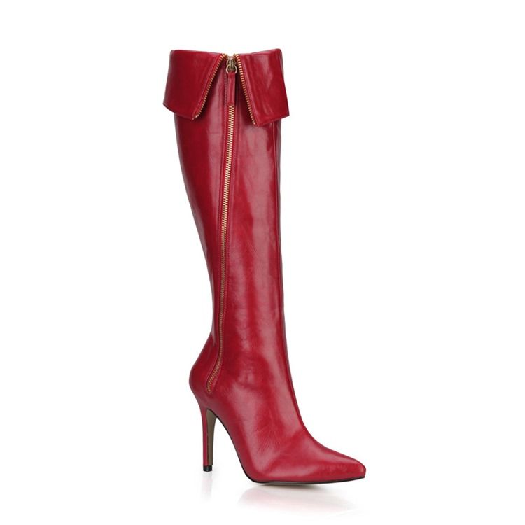 Botas Femininas Com Zíper Lateral De Salto Agulha Ponta Fina