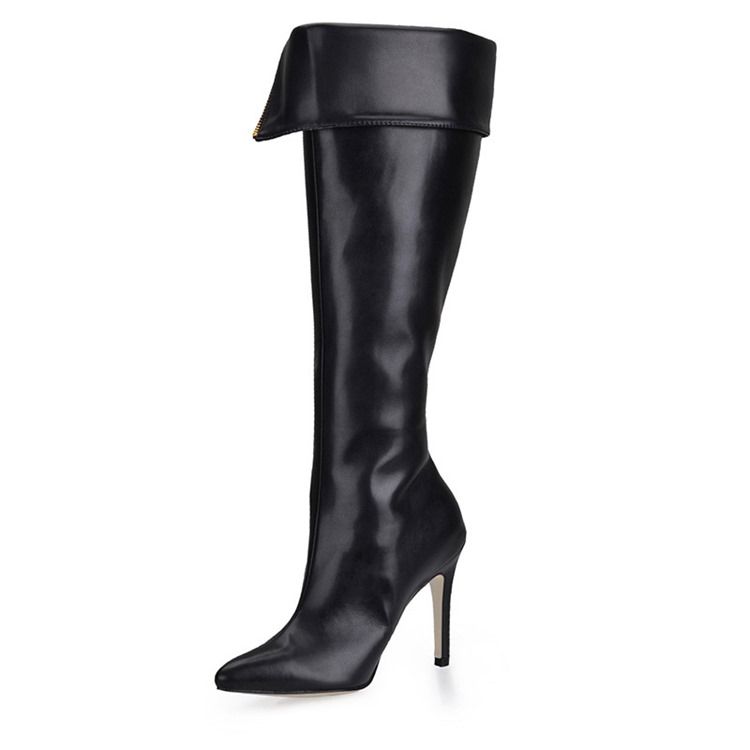 Botas Femininas Com Zíper Lateral De Salto Agulha Ponta Fina