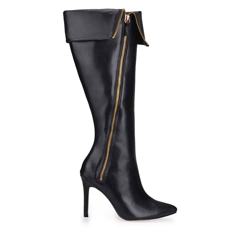 Botas Femininas Com Zíper Lateral De Salto Agulha Ponta Fina