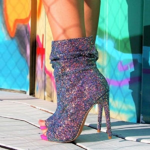 Botas Femininas De Salto Agulha Lantejoulas Peep Toe
