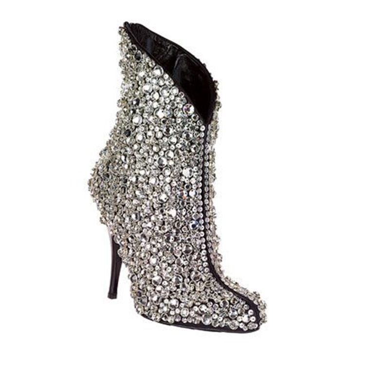 Botas Femininas De Salto Agulha Liso Com Bico De Strass E Ponta Fina