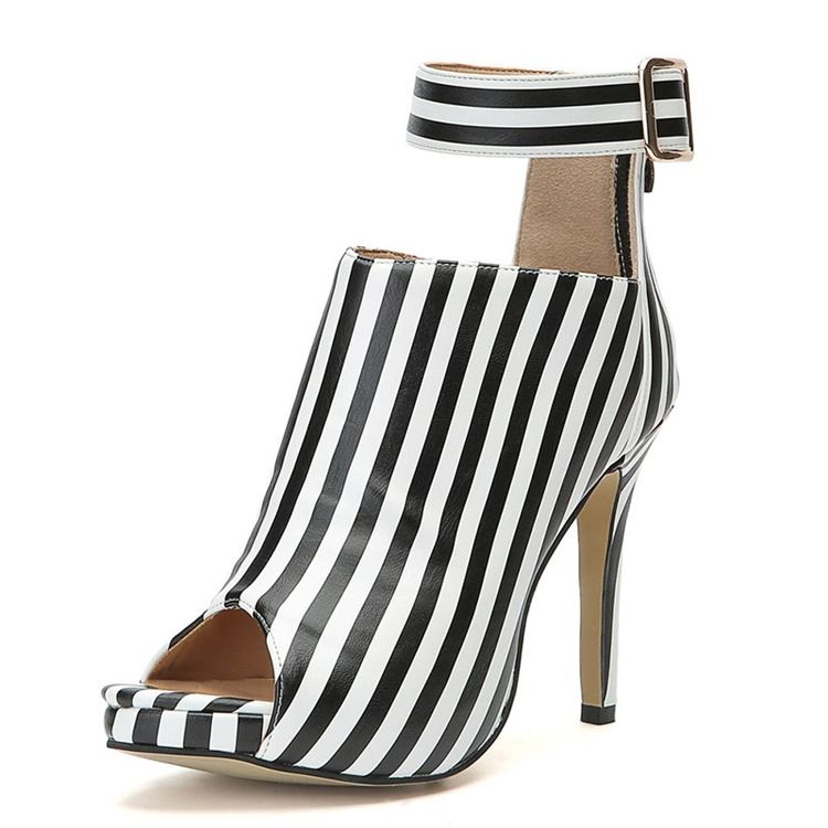 Botas Femininas De Salto Agulha Listrada Peep Toe