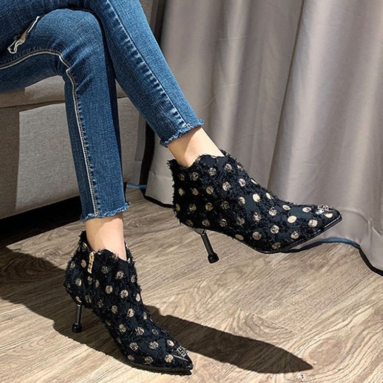Botas Femininas De Salto Agulha Ponta Fina Zíper Lateral Com Zíper Pu Casual