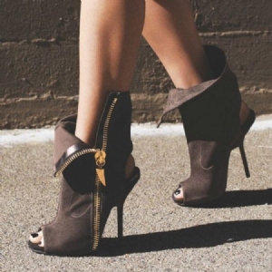 Botas Femininas De Salto Alto Com Zíper Peep Toe Com Lateral De Café