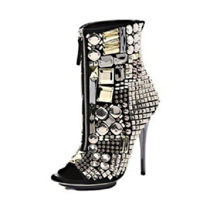 Botas Femininas De Salto Alto Rebite Oco Peep Toe