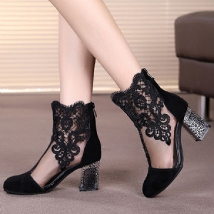 Botas Femininas De Salto Alto De Renda Com Strass Bordado Floral