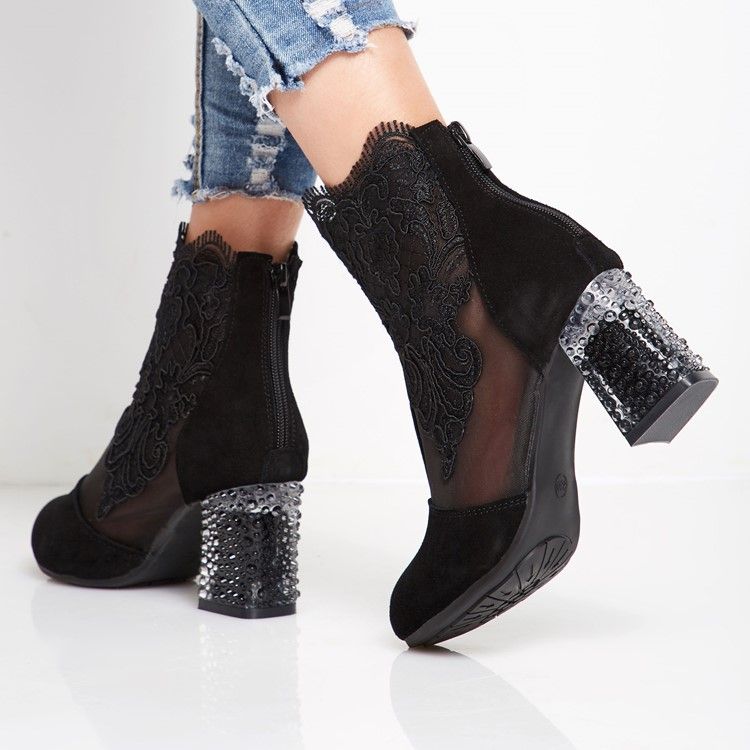 Botas Femininas De Salto Alto De Renda Com Strass Bordado Floral