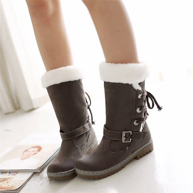 Botas De Neve Femininas Com Cadarço Nas Costas Com Biqueira Redonda Patchwork