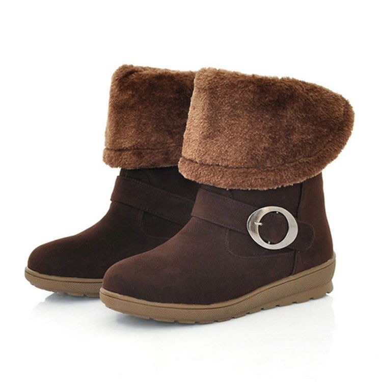 Botas De Neve Femininas Com Pele Falsa E Biqueira Redonda Lisa