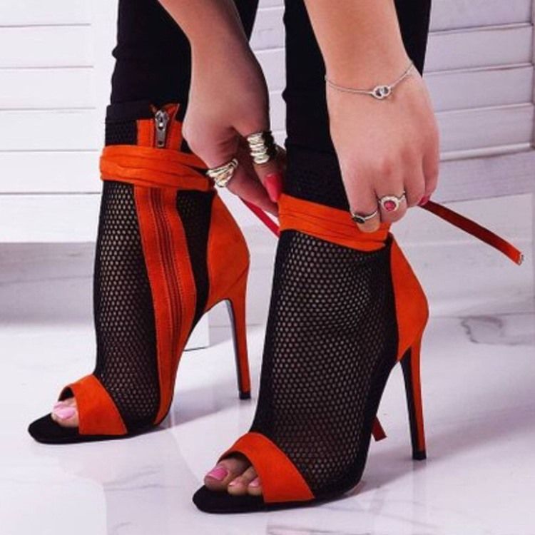 Botas Ocas Femininas Com Zíper Lateral Peep Toe Salto Agulha