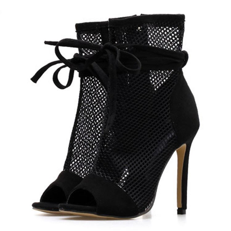 Botas Ocas Femininas Com Zíper Lateral Peep Toe Salto Agulha