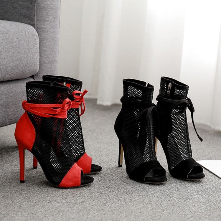 Botas Ocas Femininas Com Zíper Lateral Peep Toe Salto Agulha