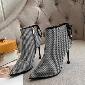 Botas Para Tornozelo Com Zíper E Salto Agulha Feminino Com Cordões Nas Costas E Bico Fino