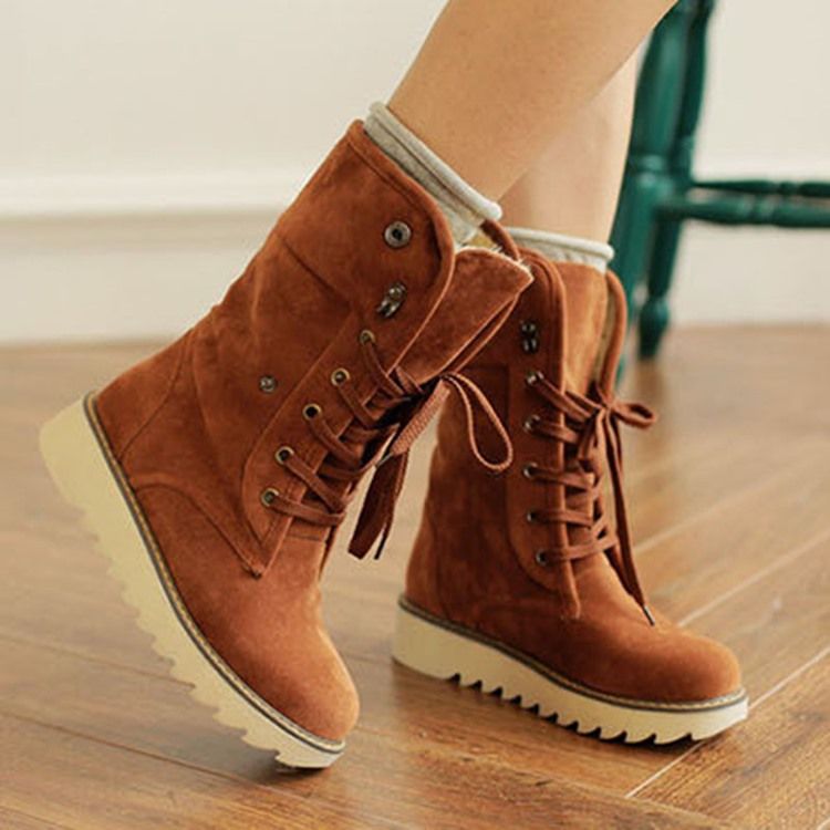 Botas De Pelúcia Femininas Simples De Biqueira Redonda Com Atacador Frontal