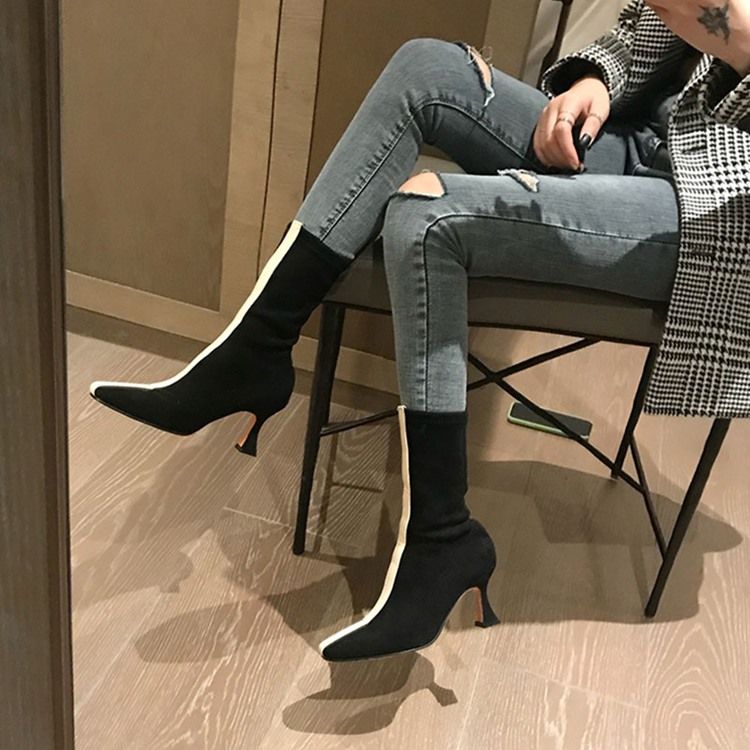 Botas De Salto Alto Deslizantes Femininas Com Bloco De Cor Quadrada