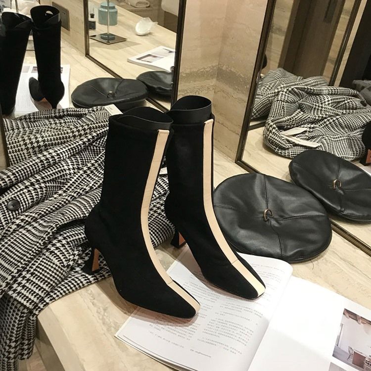 Botas De Salto Alto Deslizantes Femininas Com Bloco De Cor Quadrada