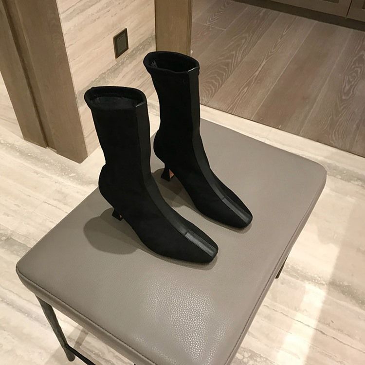 Botas De Salto Alto Deslizantes Femininas Com Bloco De Cor Quadrada