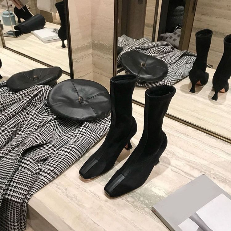 Botas De Salto Alto Deslizantes Femininas Com Bloco De Cor Quadrada