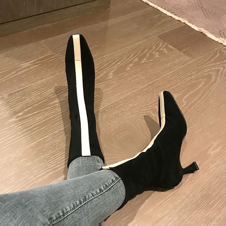 Botas De Salto Alto Deslizantes Femininas Com Bloco De Cor Quadrada