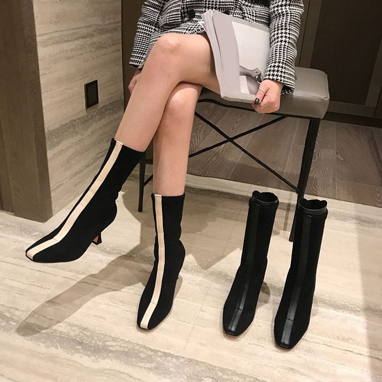 Botas De Salto Alto Deslizantes Femininas Com Bloco De Cor Quadrada