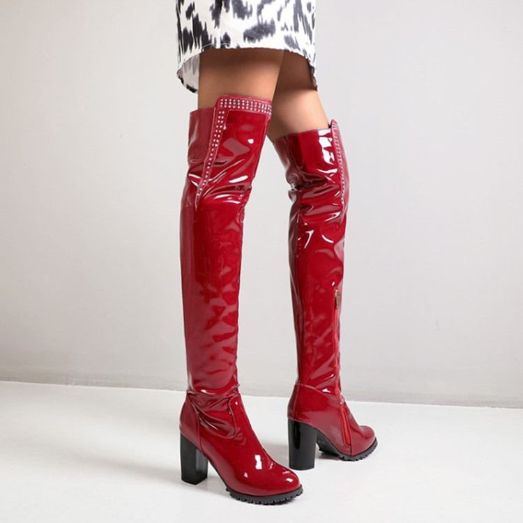 Botas De Strass Feminino Com Zíper Lateral Redondo Dedo Do Pé Redondo E Salto Grosso