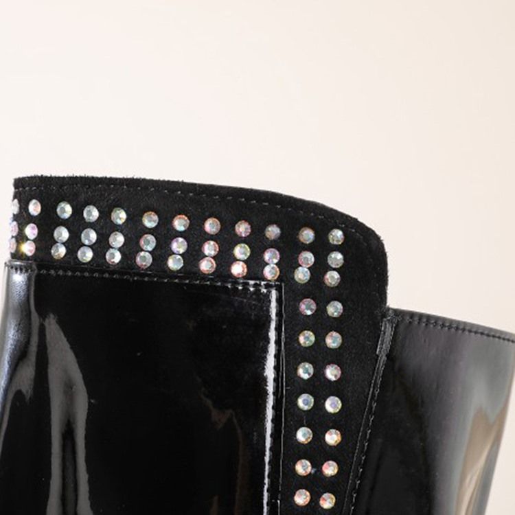 Botas De Strass Feminino Com Zíper Lateral Redondo Dedo Do Pé Redondo E Salto Grosso
