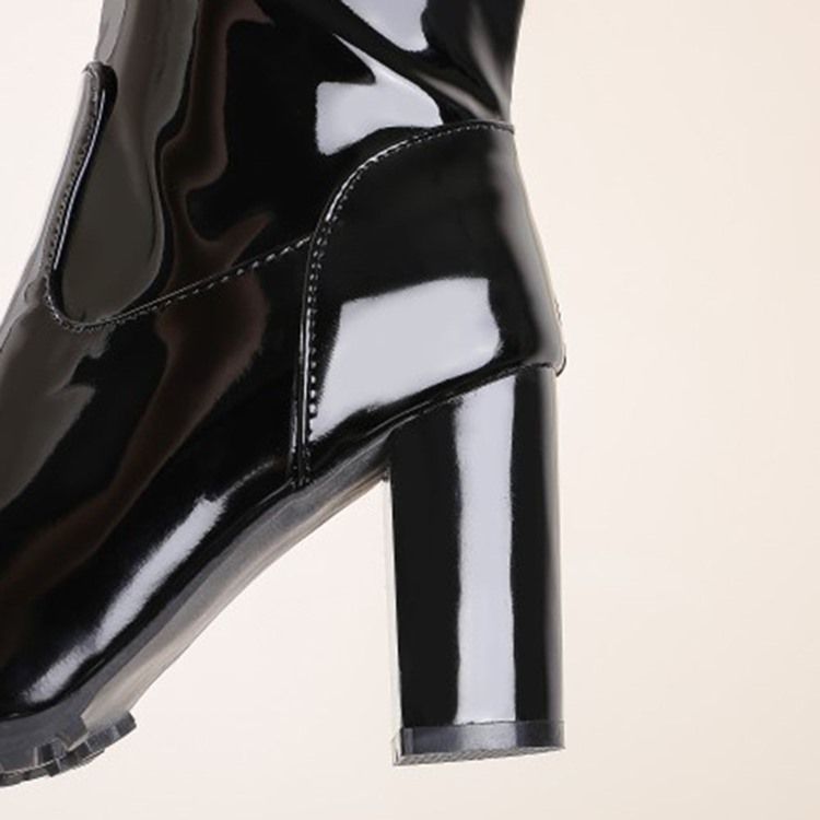 Botas De Strass Feminino Com Zíper Lateral Redondo Dedo Do Pé Redondo E Salto Grosso