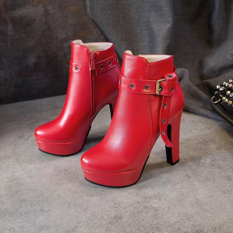 Botas De Tornozelo Femininas Com Zíper Lateral De Salto Grosso Redondo