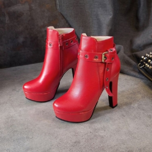 Botas De Tornozelo Femininas Com Zíper Lateral De Salto Grosso Redondo